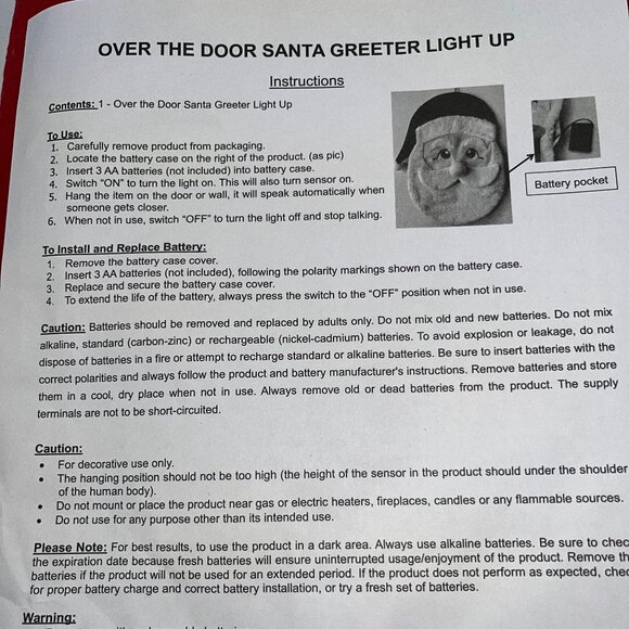Plush Light Up Talking Santa, Over the Door Santa Greeter Motion Sensor New - Picture 9 of 9